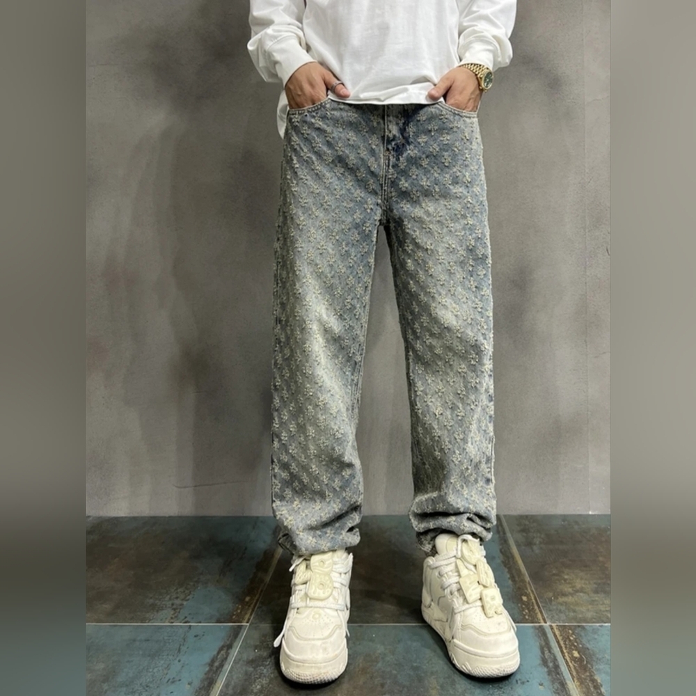 Textured Jacquard Straight Leg Jeans